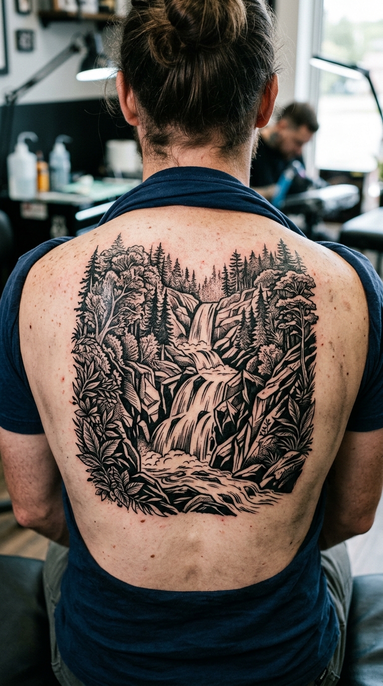 Waldlandschaft mit Wasserfall als Blackwork Tattoo auf dem Rücken