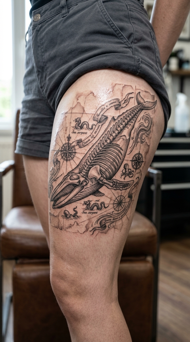 Walskelett auf alter Karte als Tattoo Vorlage für den Oberschenkel