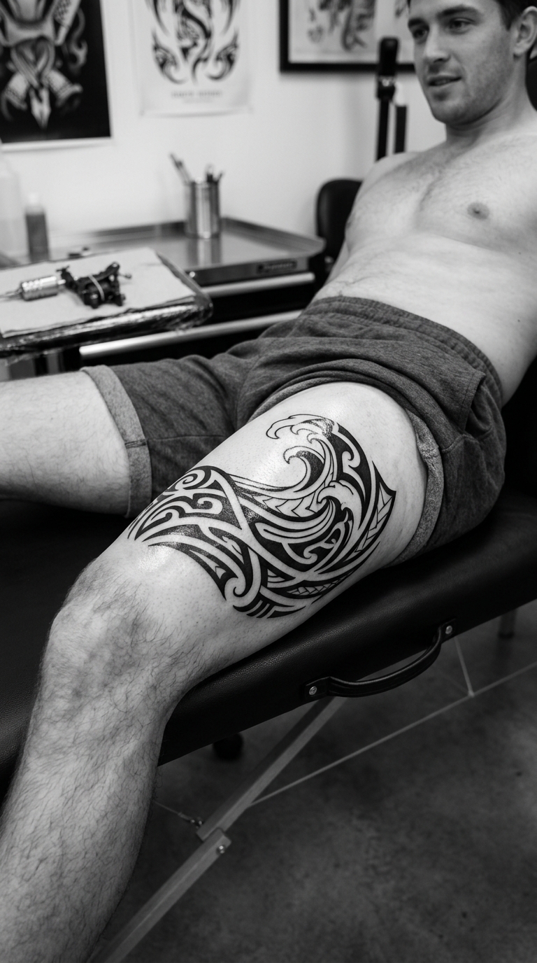 Wellen als Tribal Tattoo auf dem Oberschenkel