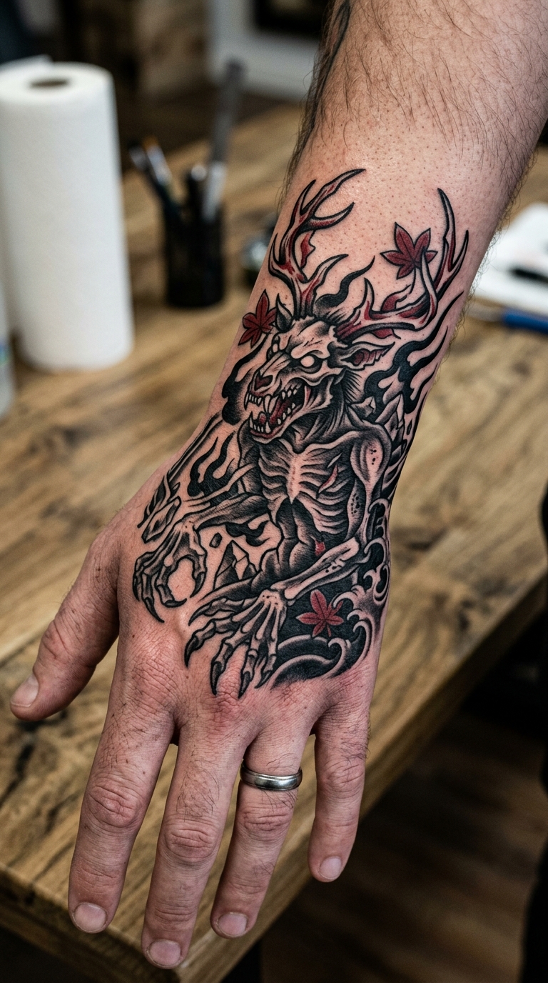 Wendigo als japanisches Tattoo für die Hand