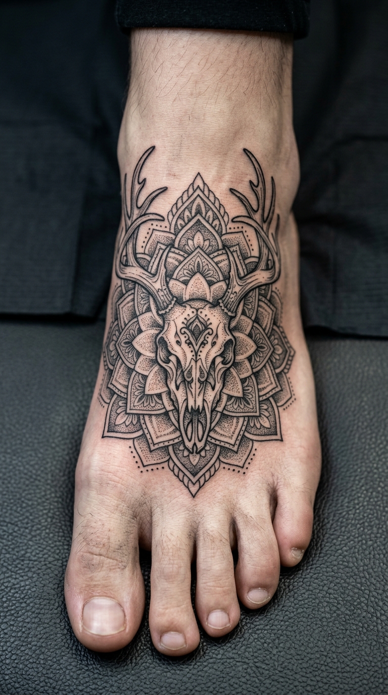 Wendigo als mystische Mandala Tattoo Idee für den Fuß