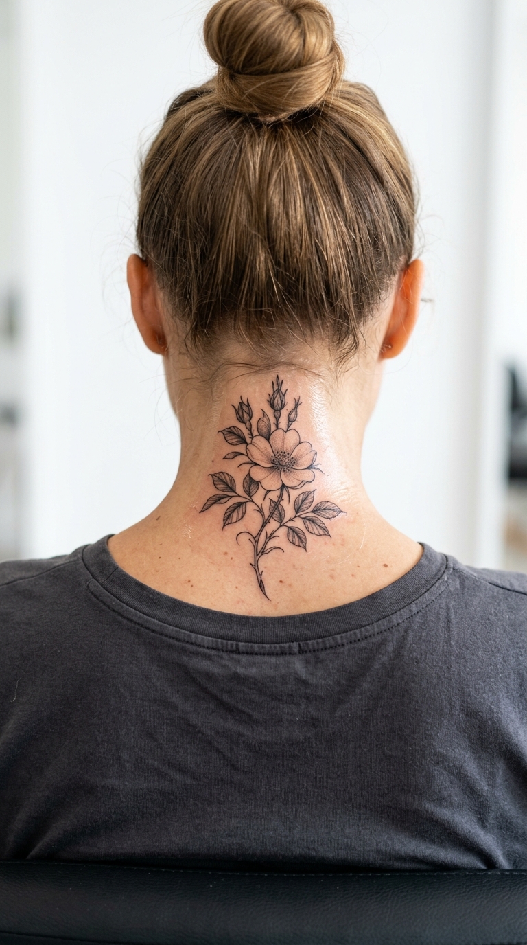 Wildrose als florale Tattoo Vorlage für den Nacken