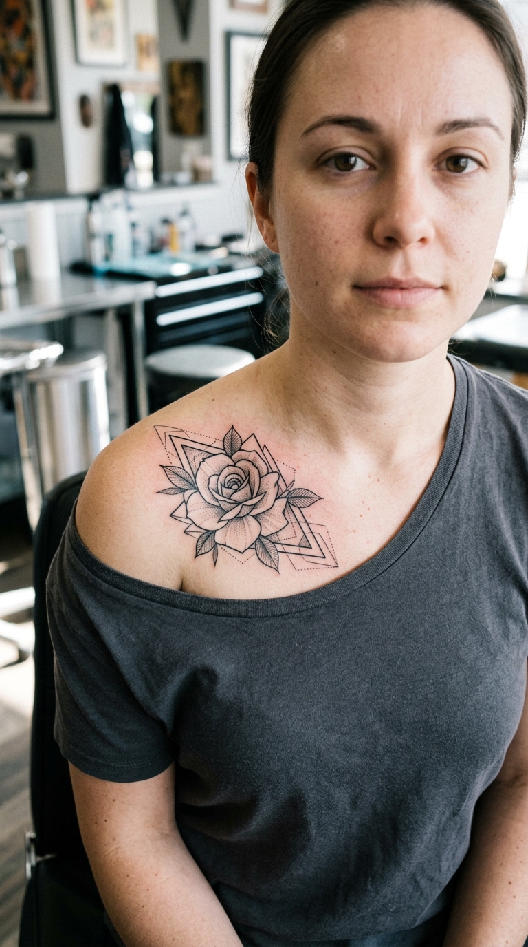 Wildrose als geometrische Tattoo Vorlage für das Schlüsselbein