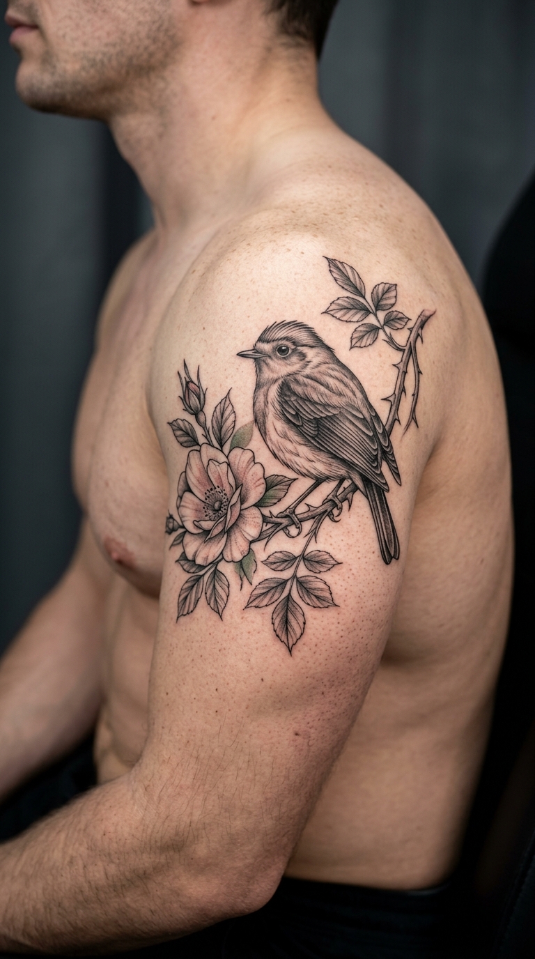 Wildrose und kleiner Singvogel als Tattoo Motiv für den Oberarm