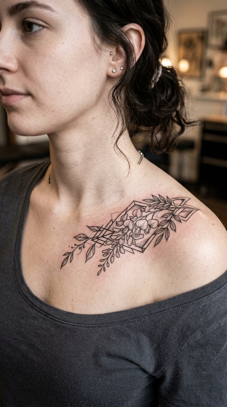 Wisteria Ranken als geometrische Tattoo Vorlage für das Schlüsselbein