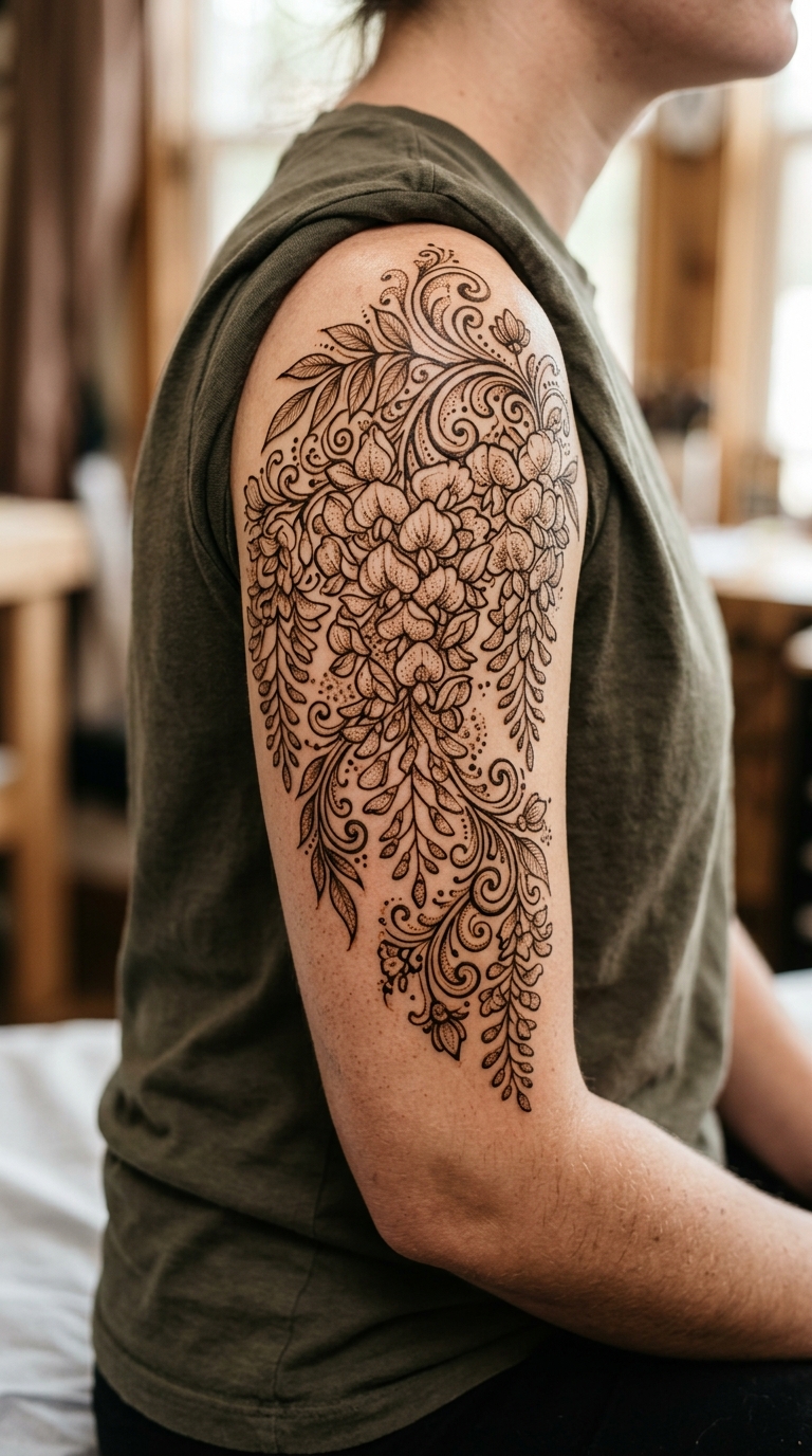 Wisteria Ranken als Henna Tattoo Vorlage für den Oberarm