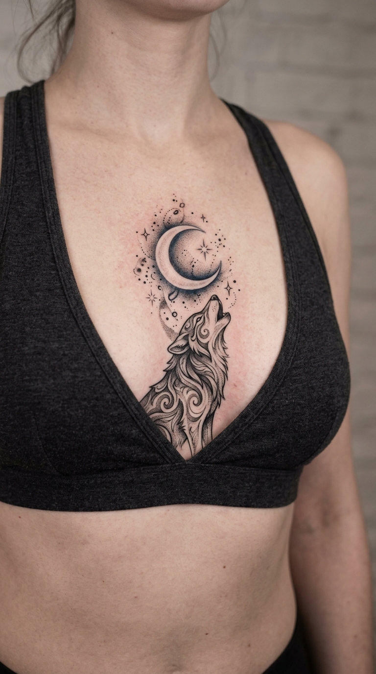 Wolf im Mondlicht als mystisches Fantasy Tattoo für den Underboob