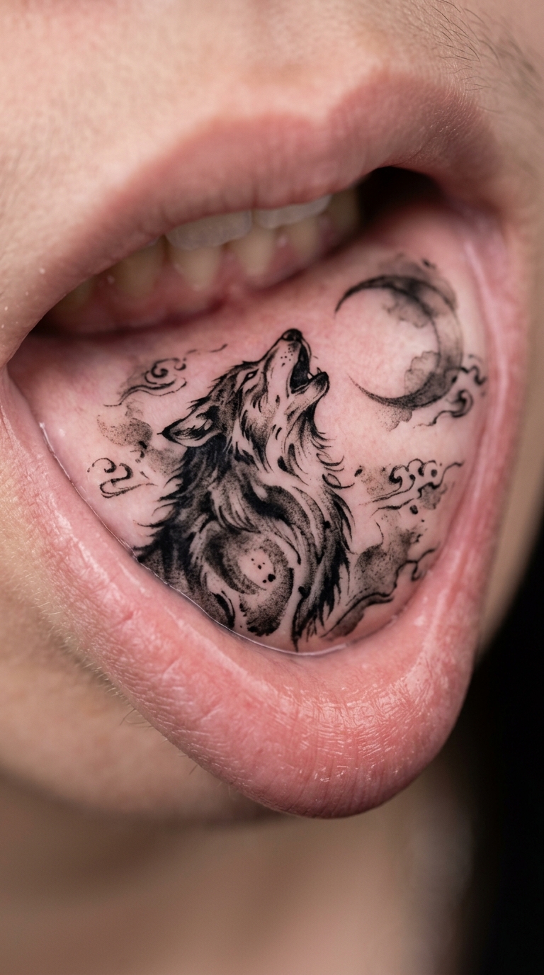 Wolf im Mondschein als japanisches Tattoo für die Unterlippe