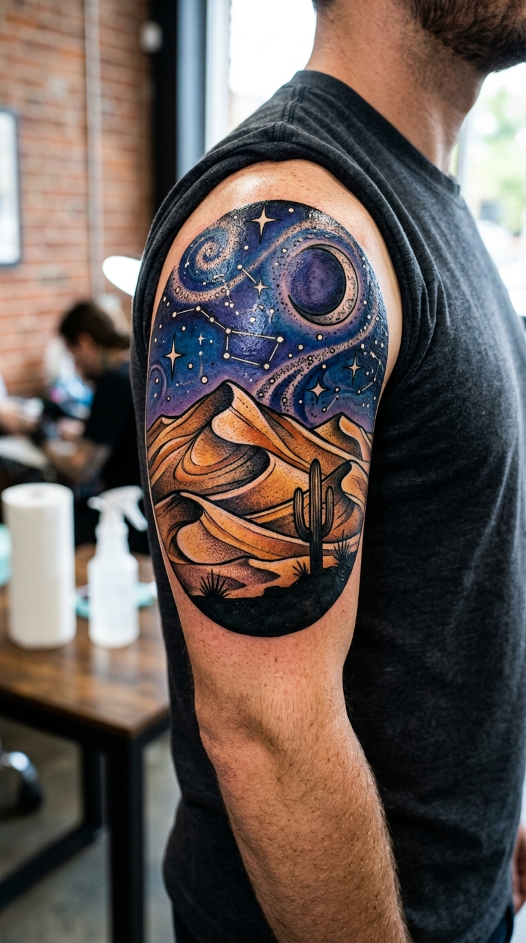Wüstendünen bei Nacht als Neo Traditional Tattoo Idee für den Oberarm