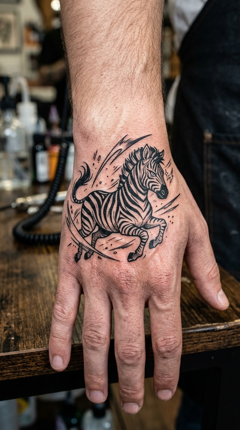 Zebra als Anime Tattoo auf der Hand