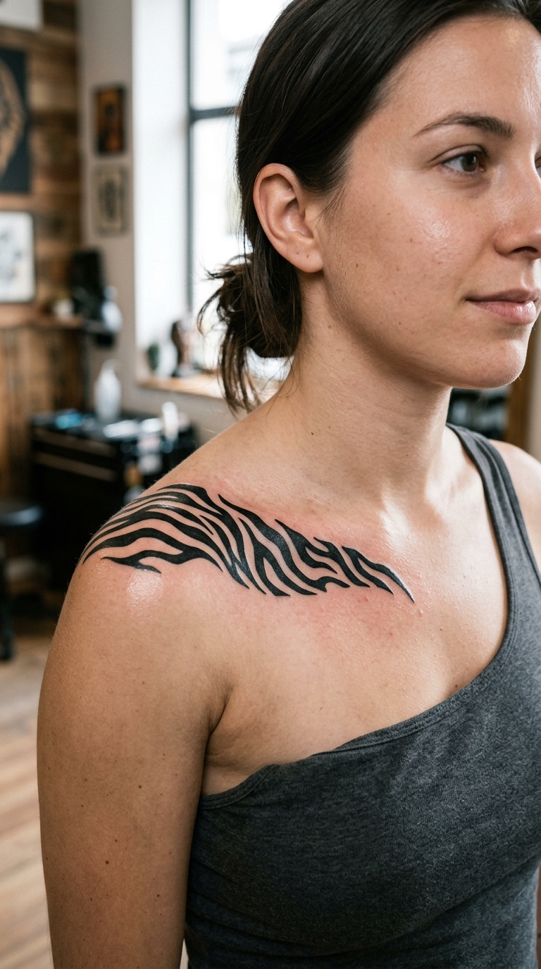 Zebra als Blackwork Tattoo auf dem Schlüsselbein