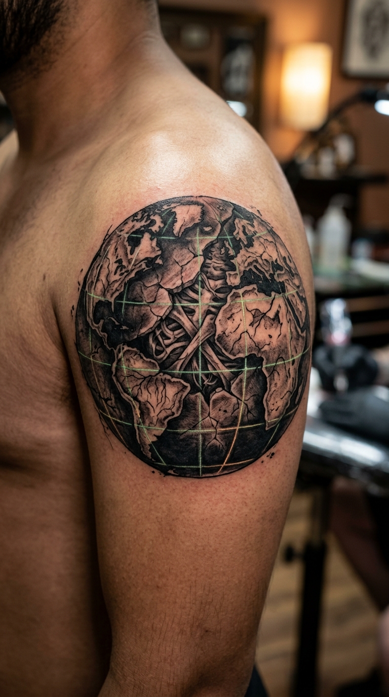 Zerfallender Globus als Horror Tattoo für den Oberarm