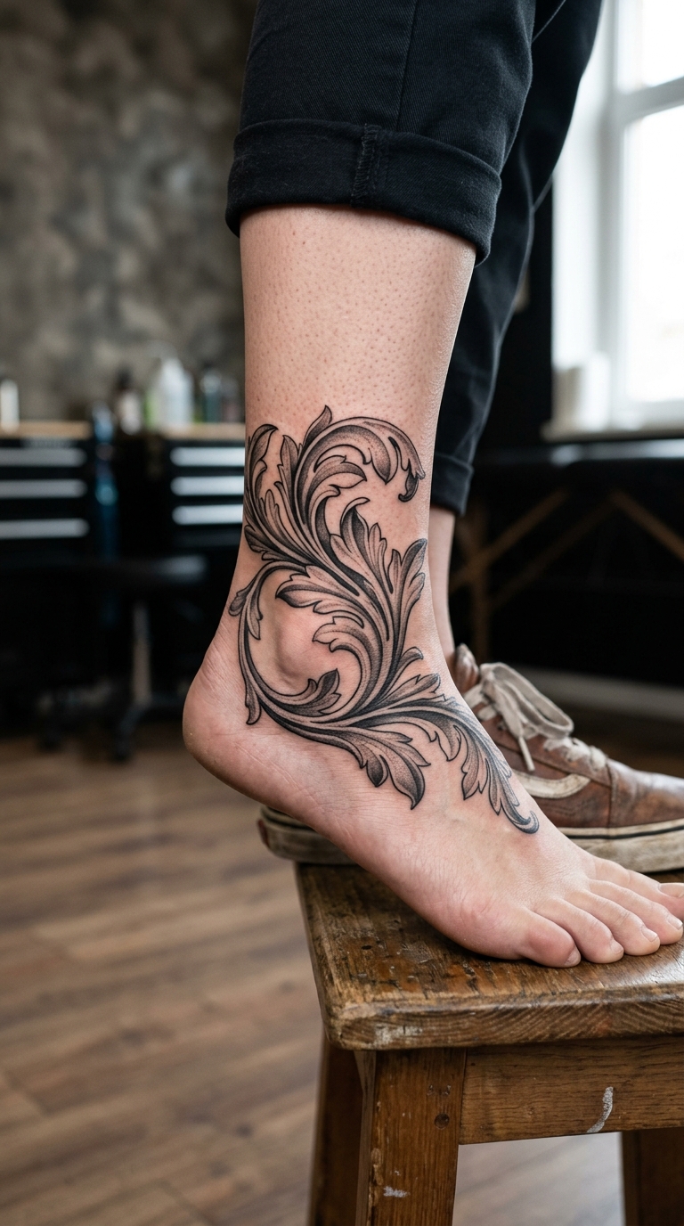 Akanthusblatt als detailreiches Realistic Tattoo für den Knöchel