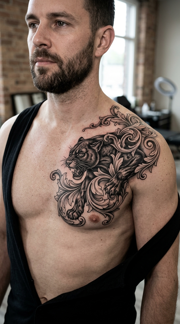Akanthusblatt mit Panther Tattoo Idee für Brust & Oberkörper