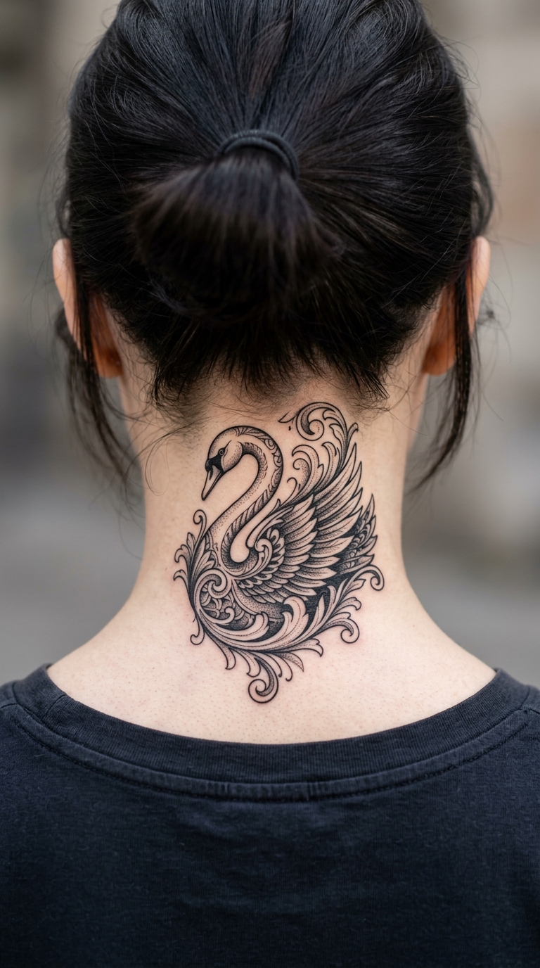 Akanthusblatt mit Schwan Tattoo Vorlage für den Nacken