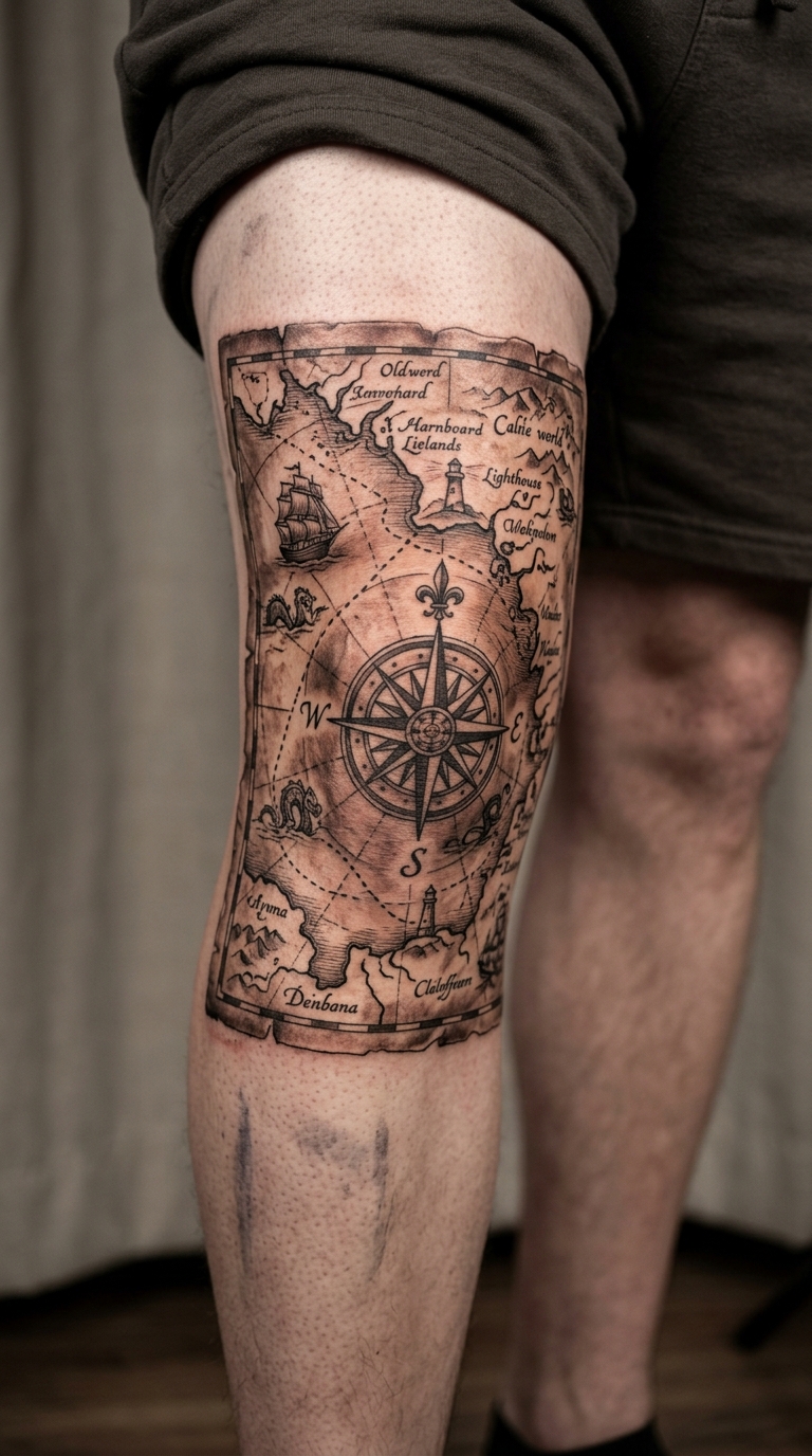 Alte Seekarte als detailliertes Realistic Tattoo für die Kniekehle