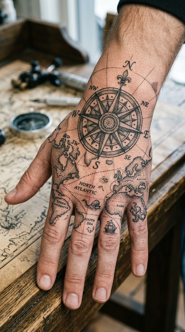 Alte Seekarte als Dotwork Tattoo auf der Hand