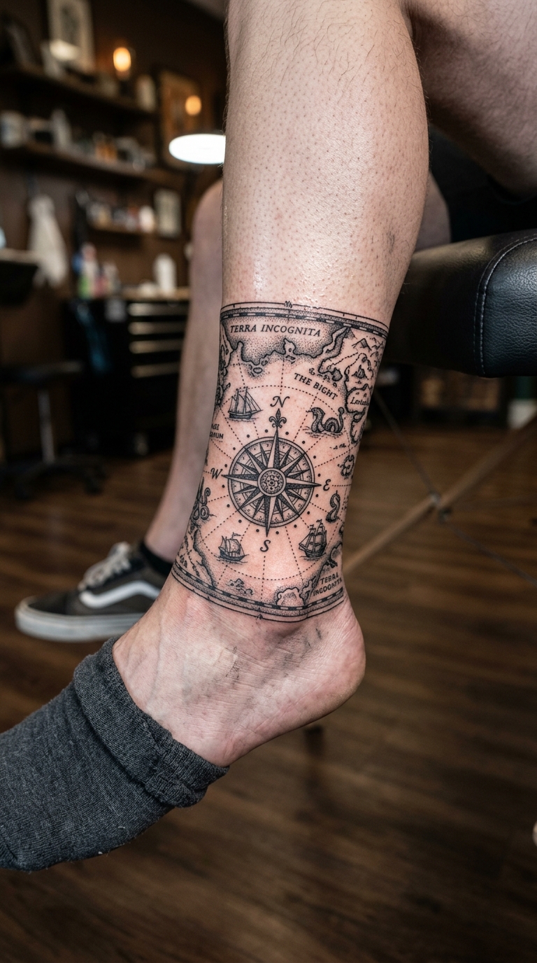 Alte Seekarte als Dotwork Tattoo für den Knöchel