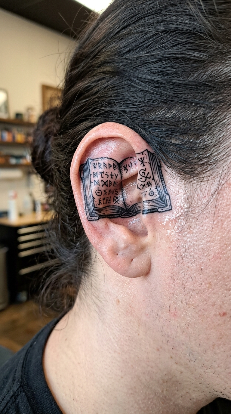 Altes Buch mit Runen als Blackwork Tattoo für das Ohr