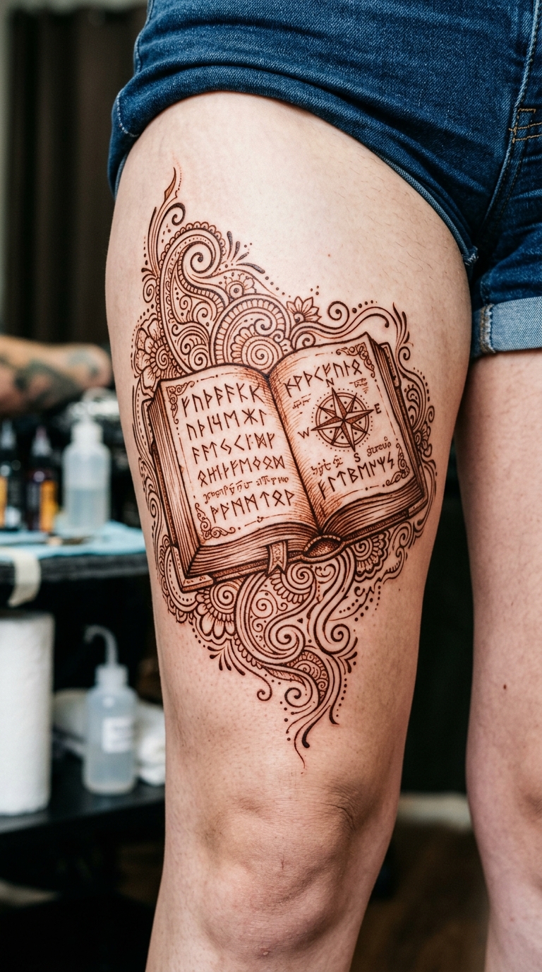 Altes Buch mit Runen als Henna Tattoo für den Oberschenkel