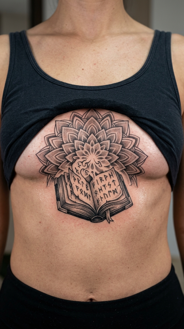 Altes Buch mit Runen als Mandala Tattoo für den Underboob