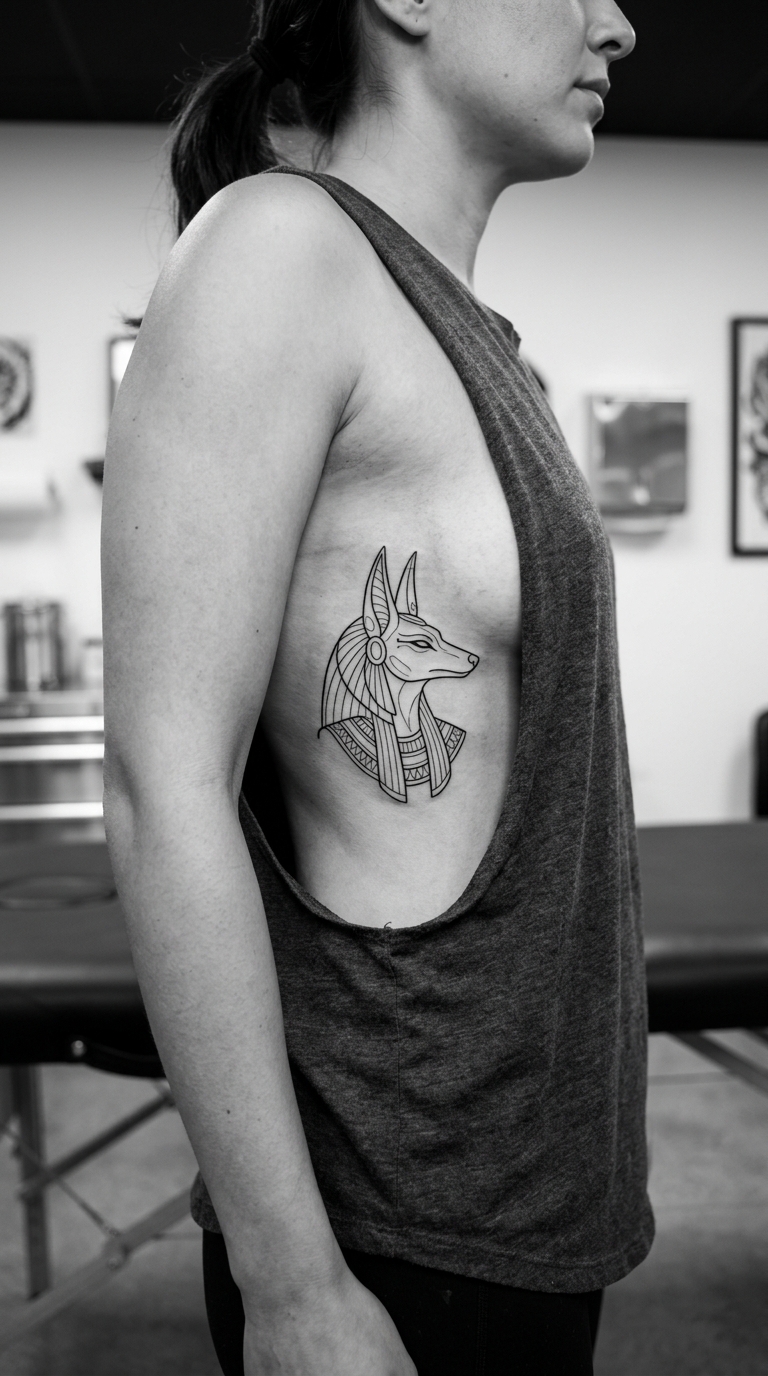 Anubis als filigranes Fineline Tattoo an den Rippen