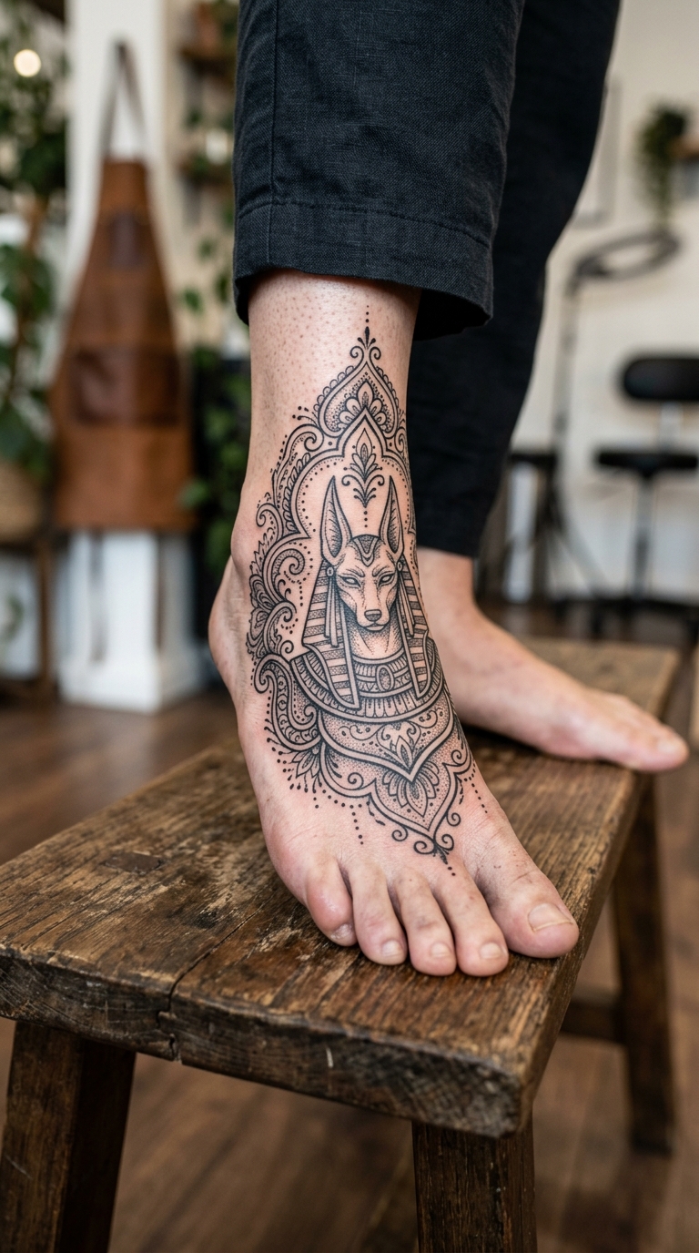 Anubis als Henna Tattoo Idee für den Fuß