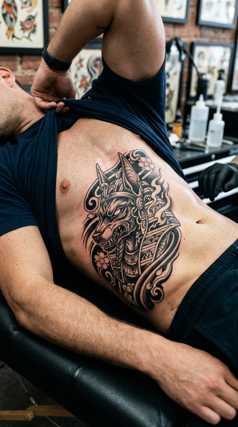 Anubis im japanischen Stil als Tattoo Idee für die Rippen