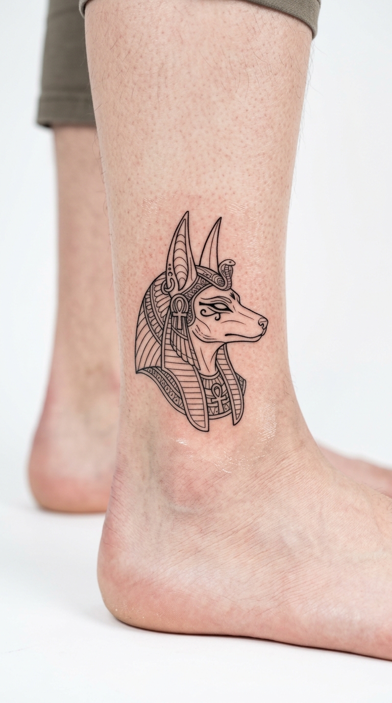 Anubis Motiv als Fineline Tattoo für den Knöchel