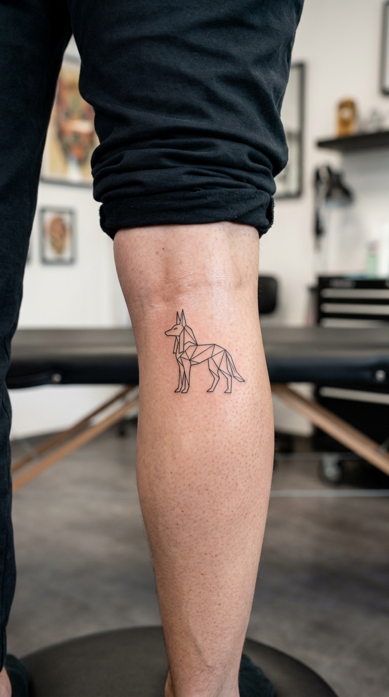Anubis Motiv als kleines minimalistisches Tattoo für die Kniekehle