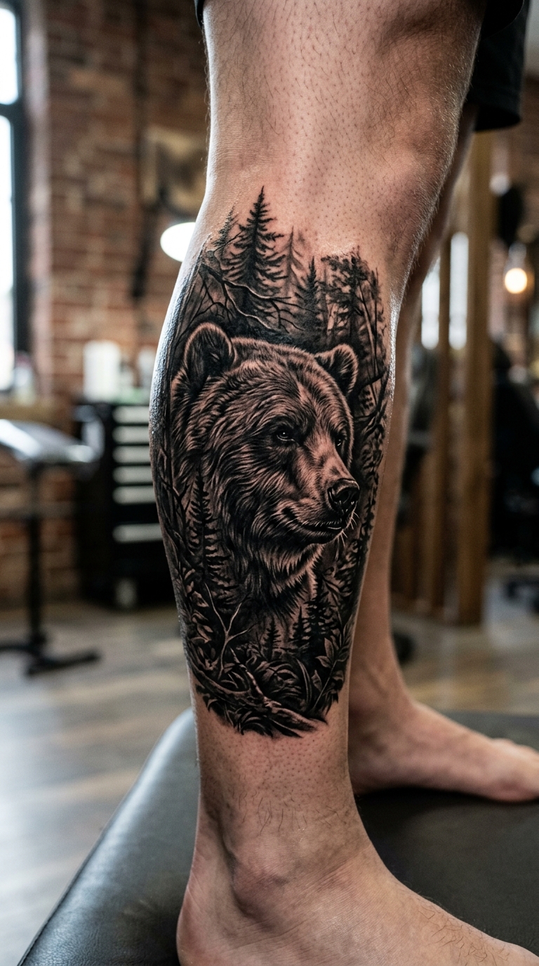 Bär in der Wildnis als Cover up Tattoo für das Bein