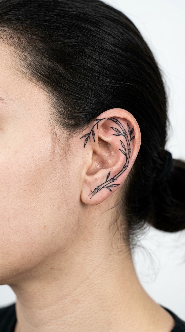 Bambus als Blackwork Tattoo Idee für das Ohr