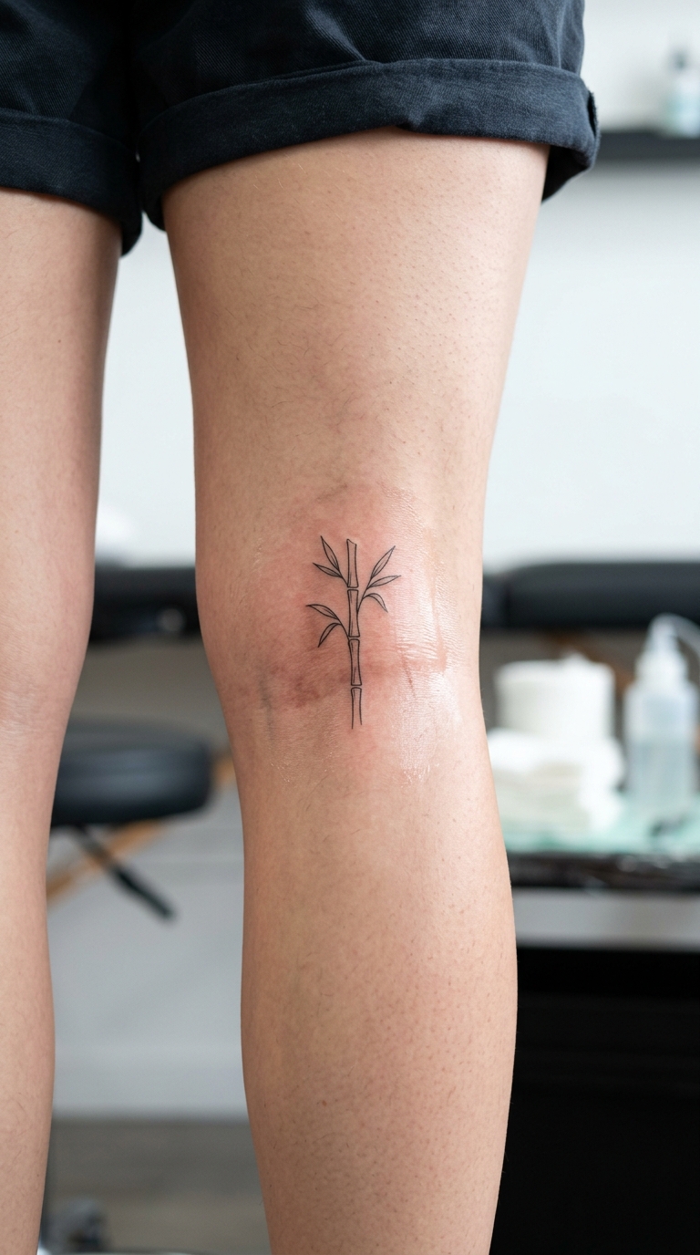 Bambus als kleines minimalistisches Tattoo für die Kniekehle