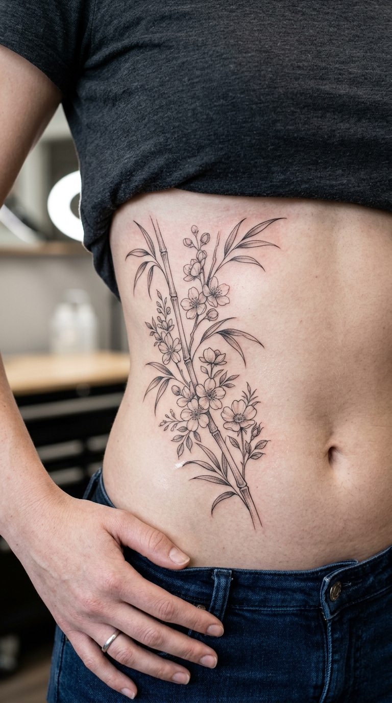 Bambus im floralen Stil Tattoo Idee für den Bauch