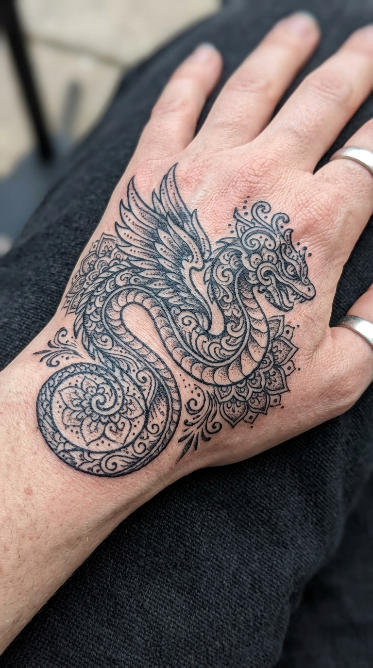 Basilisk Tattoo Vorlage im Henna Stil für die Hand