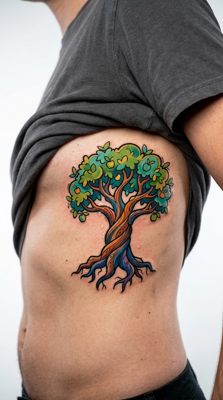 Baum des Lebens als buntes Comic Tattoo für die Rippen