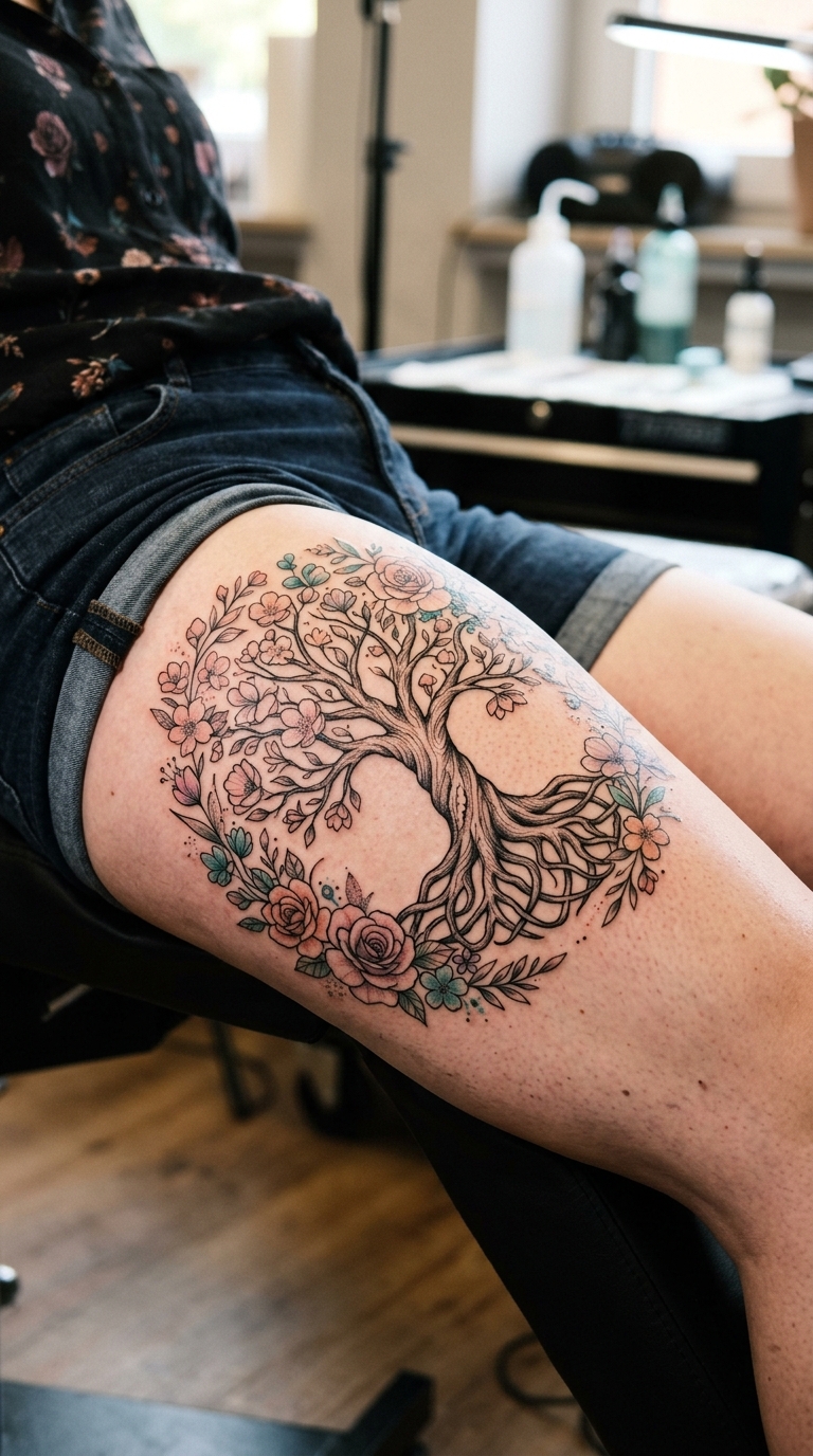 Baum des Lebens als florales Oberschenkel Tattoo