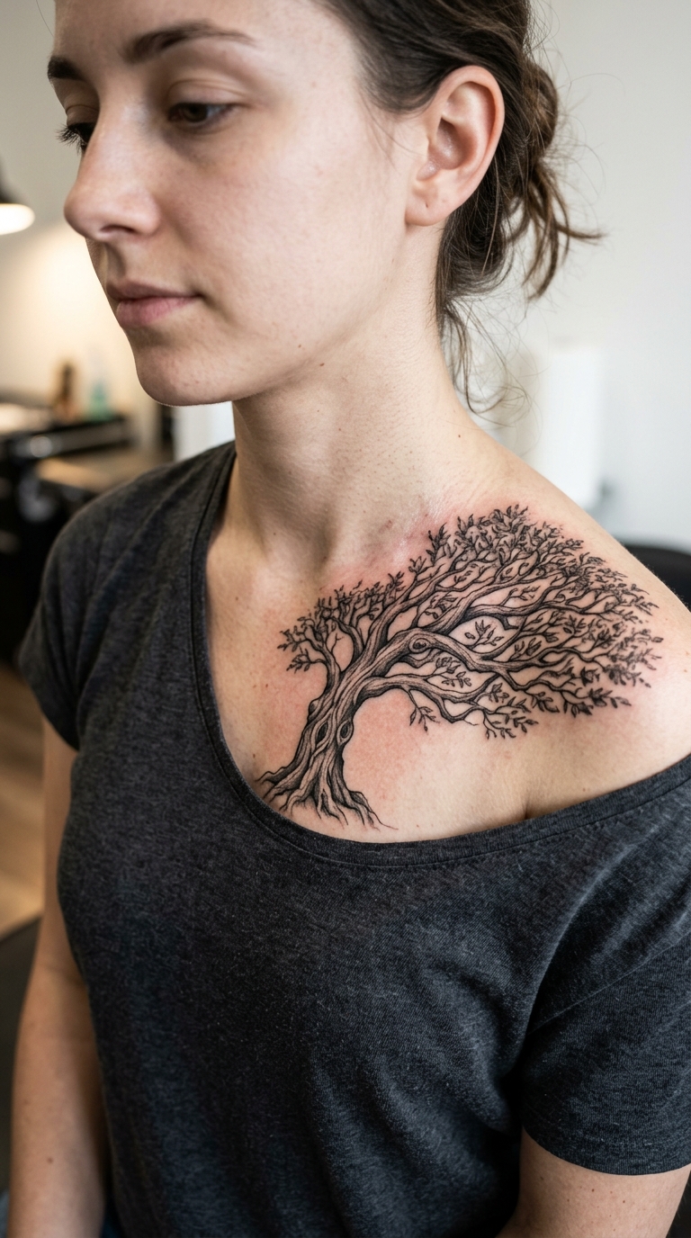 Baum des Lebens Tattoo Idee für das Schlüsselbein
