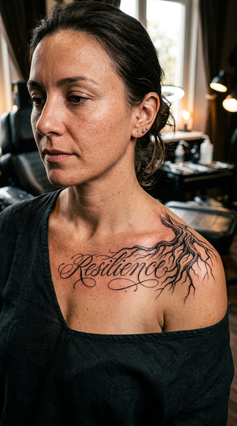 Baumwurzeln als geschwungener Schriftzug Tattoo Idee für das Schlüsselbein