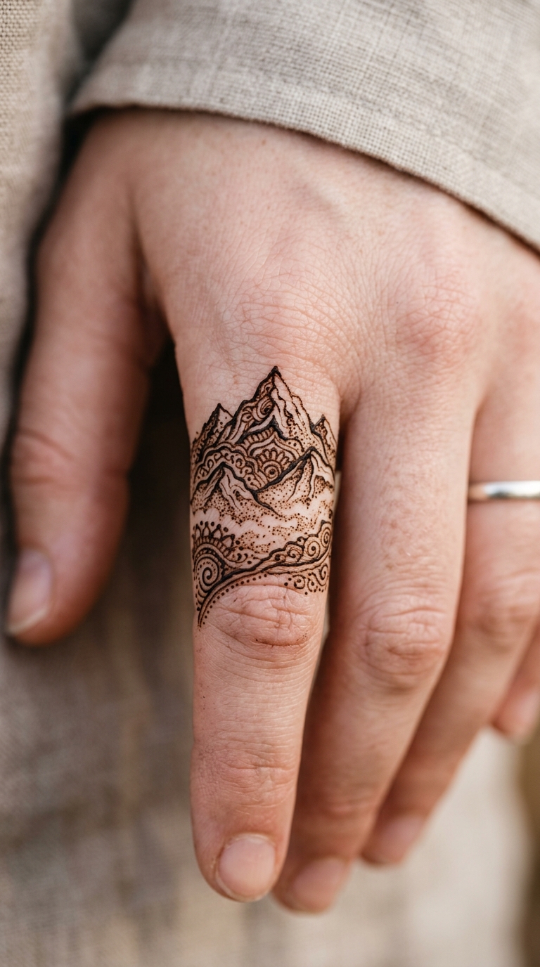 Bergkette im Nebel als Henna Tattoo Idee für den Finger