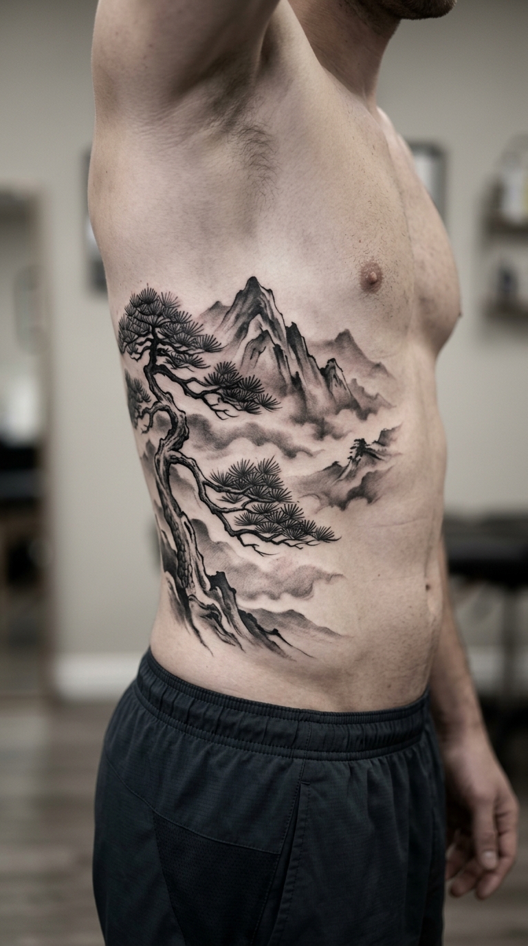 Bergkette im Nebel als japanisches Tattoo für die Rippen