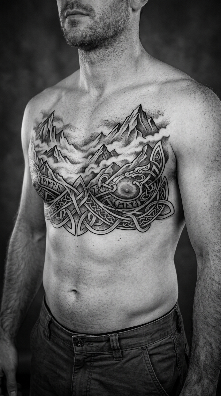 Bergkette im Nebel als Wikinger und Celtic Tattoo auf Brust & Oberkörper