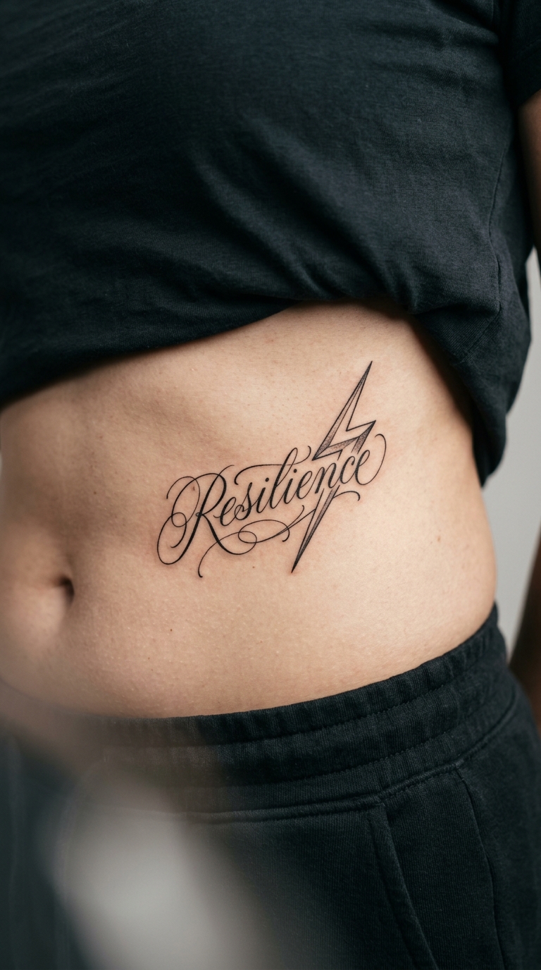 Blitz Tattoo Idee mit Schrift für den Bauch