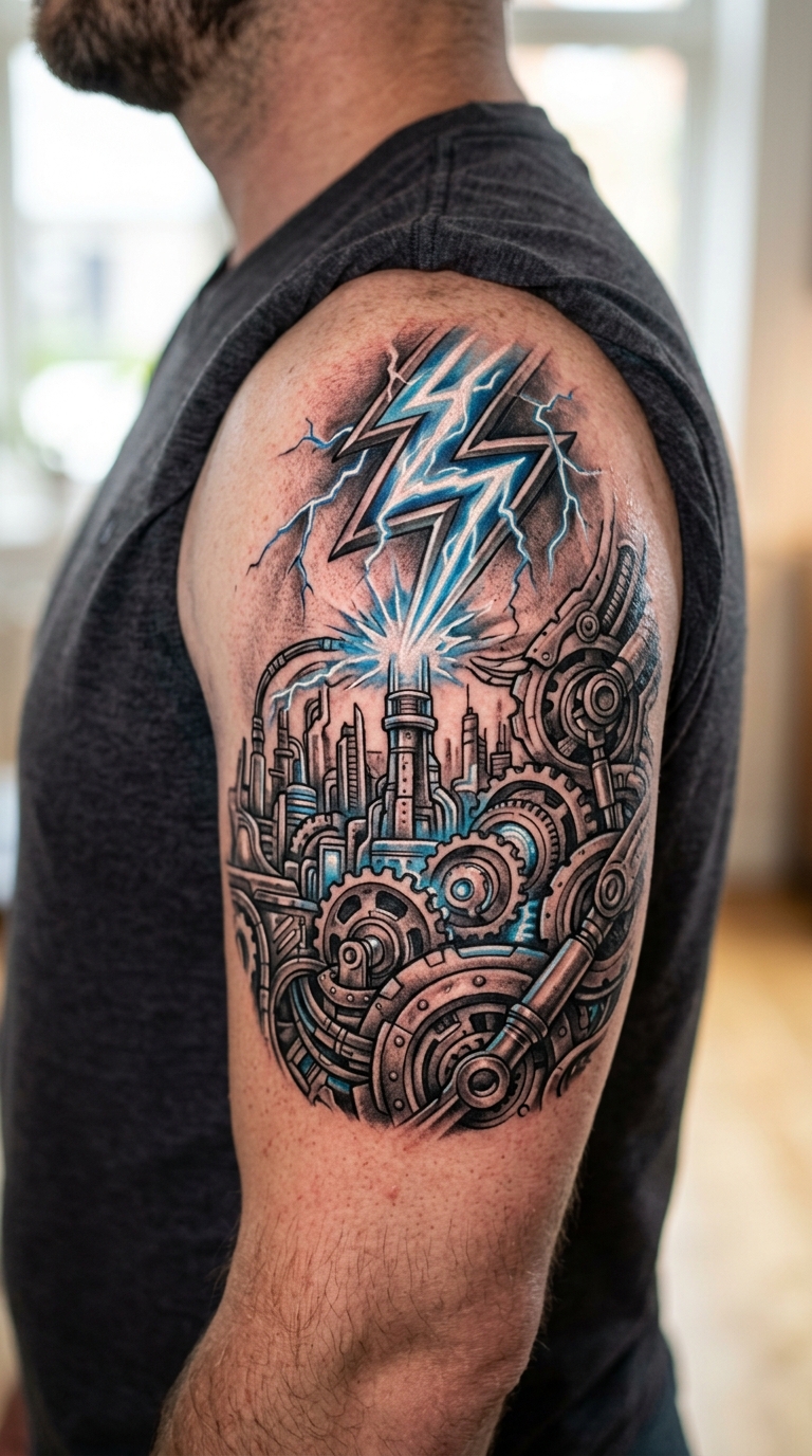 Blitz über mechanischer Metropole als biomechanisches Tattoo auf der Schulter