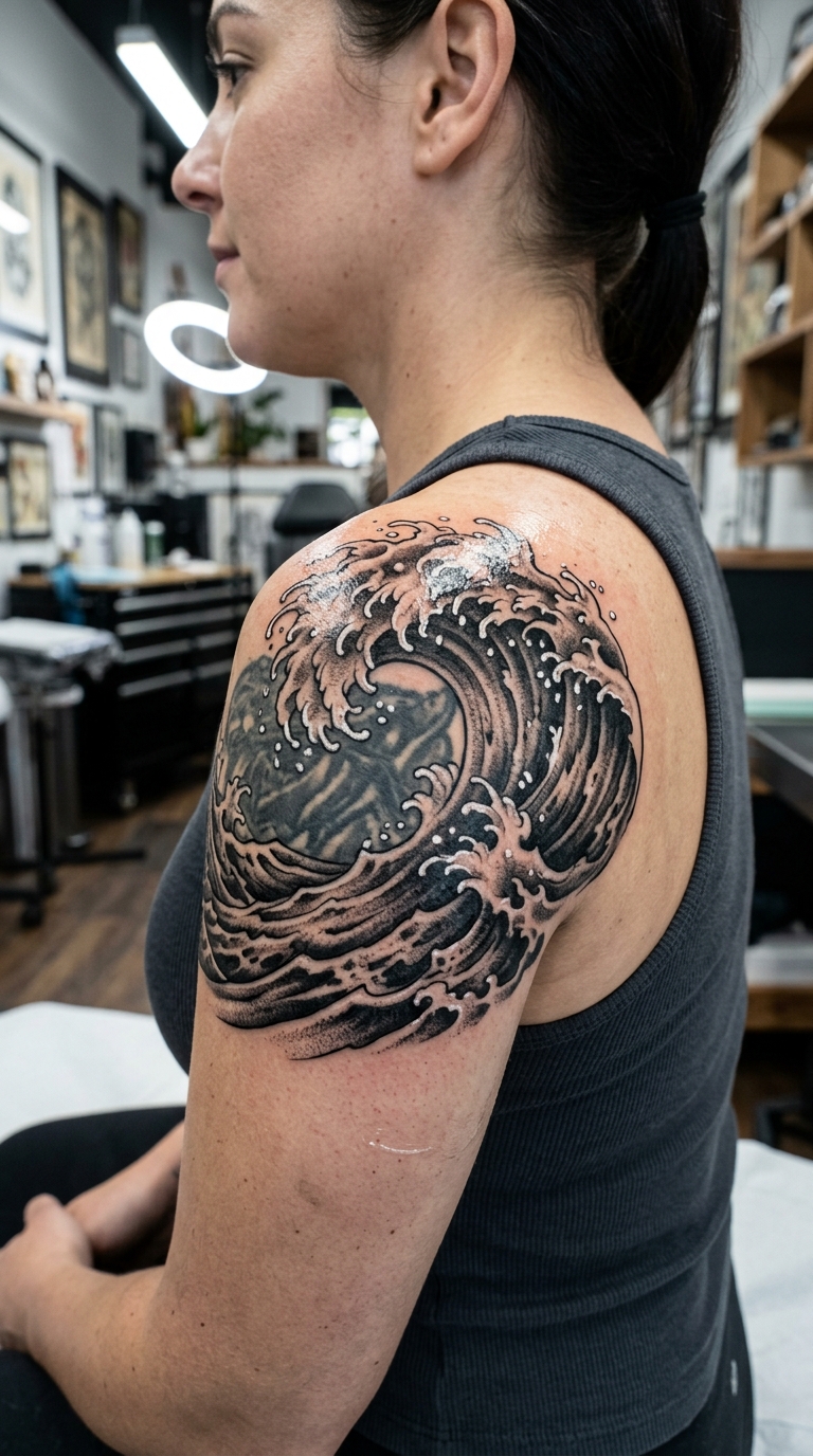 Brechende Welle als Cover up Tattoo für die Schulter
