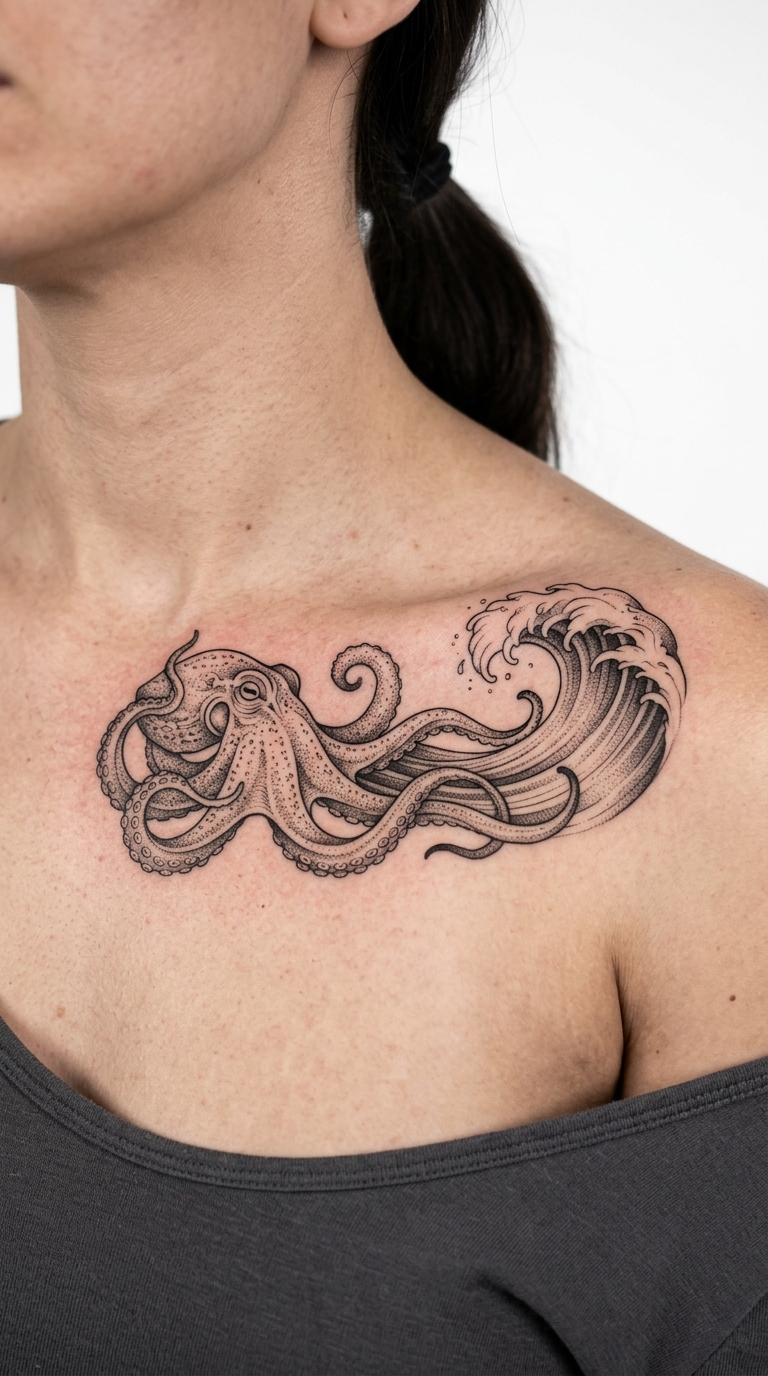 Brechende Welle als Oktopus Tattoo Idee für das Schlüsselbein