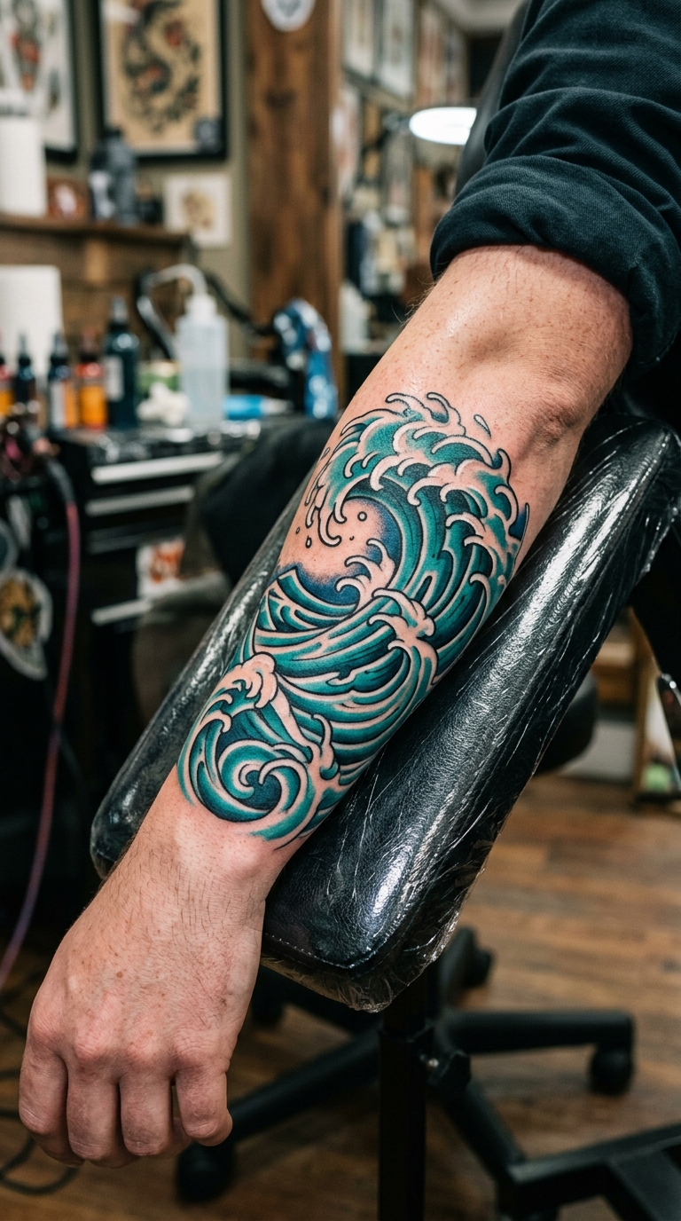 Brechende Welle als Oldschool und Newschool Tattoo auf dem Unterarm