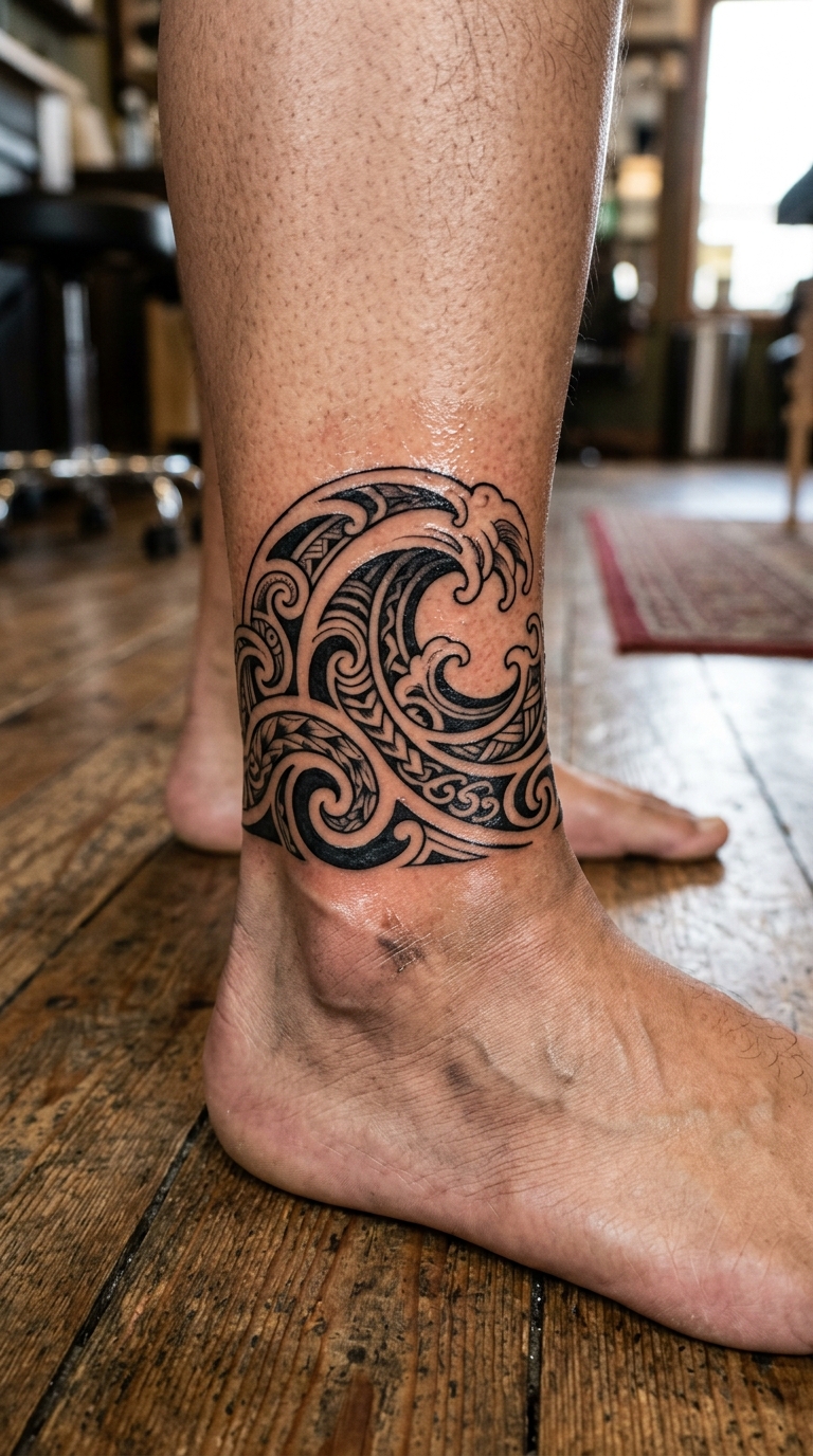 Brechende Wellen als Maori Tattoo für den Knöchel