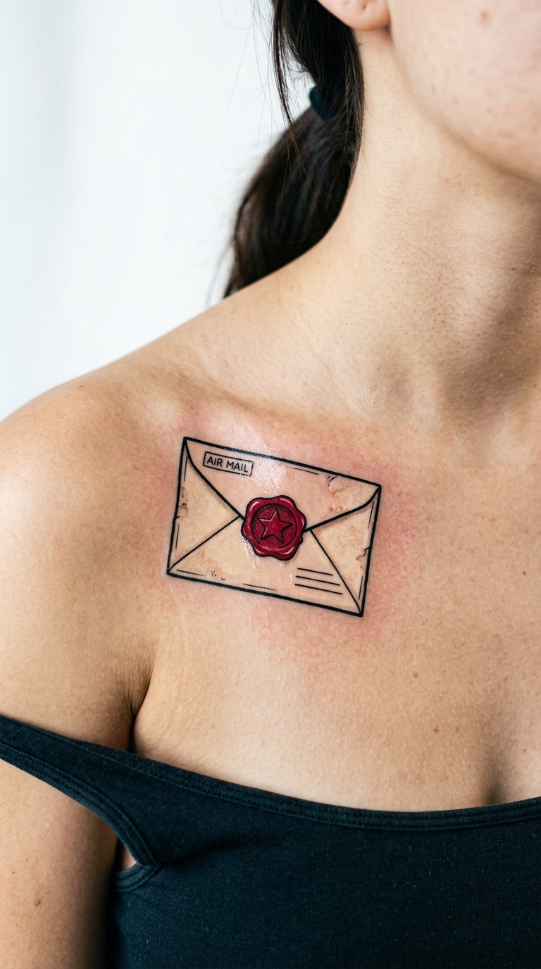 Briefumschlag als Comic Tattoo für das Schlüsselbein