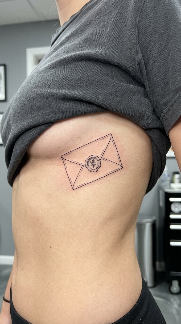 Briefumschlag mit Siegel als Fineline Tattoo für den Underboob